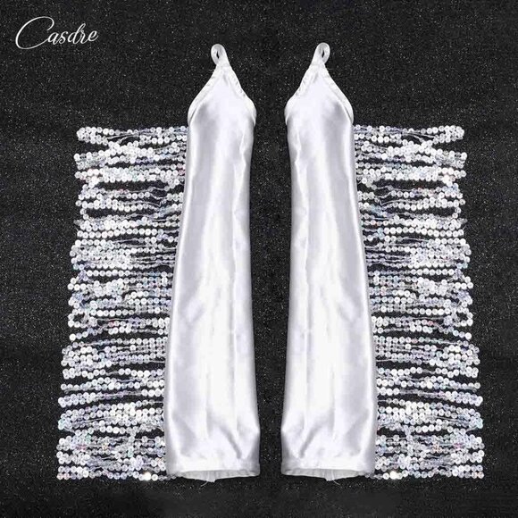 Long Satin Fingerless Gloves Sequin Tassel Elbow Length Wedding Halloween - Picture 7 of 7